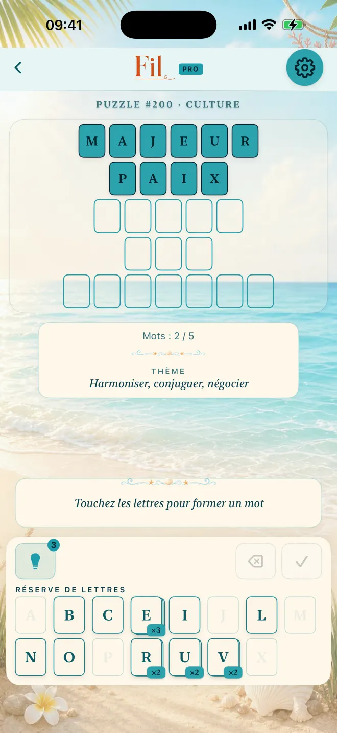 Partie de Fil avec deux mots trouvés sur cinq, thème: Littoral.