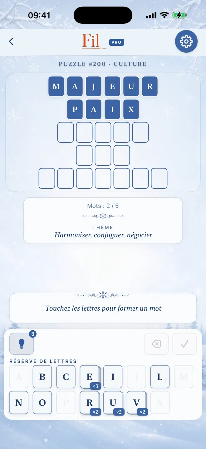 Partie de Fil avec deux mots trouvés sur cinq, thème: Hiver.