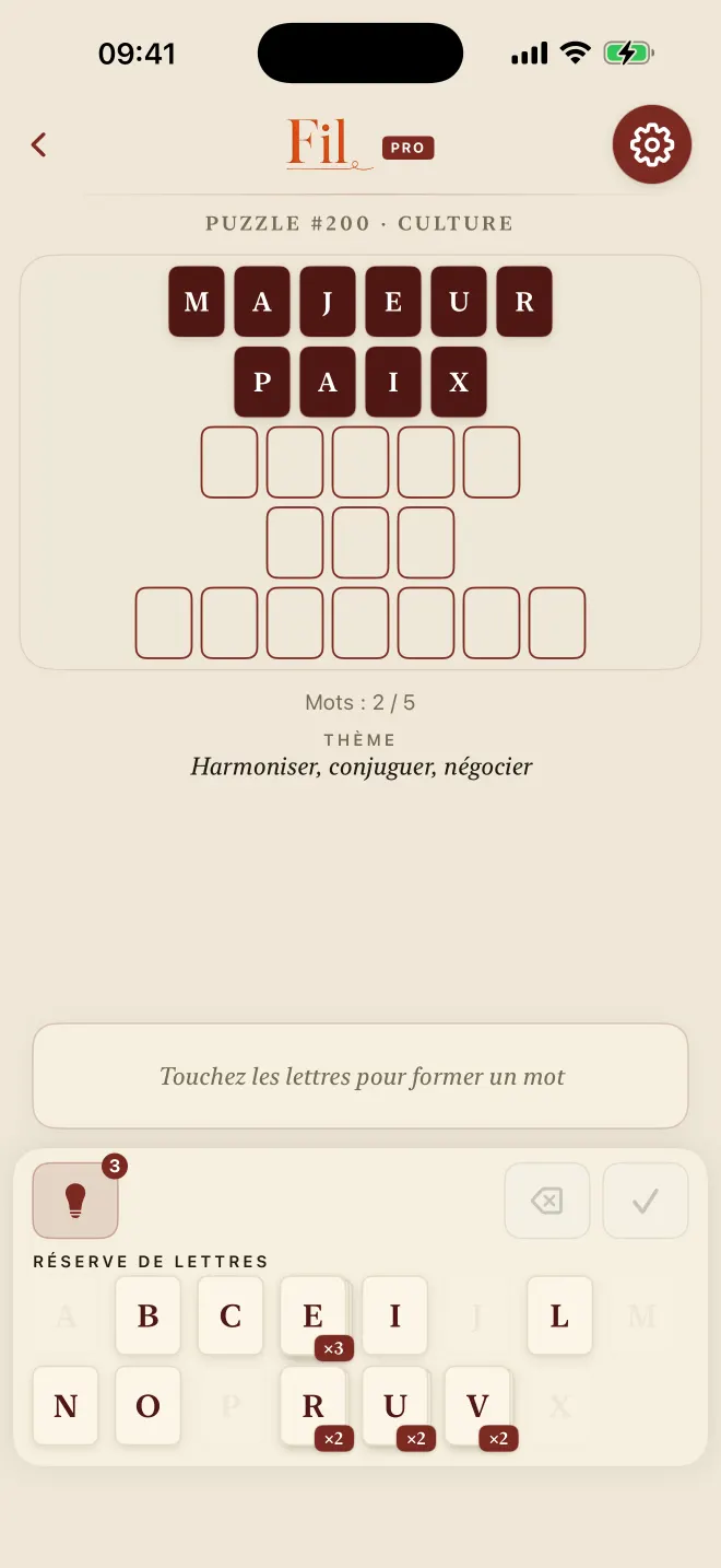 Partie de Fil avec deux mots trouvés sur cinq, thème: Manuscrit.