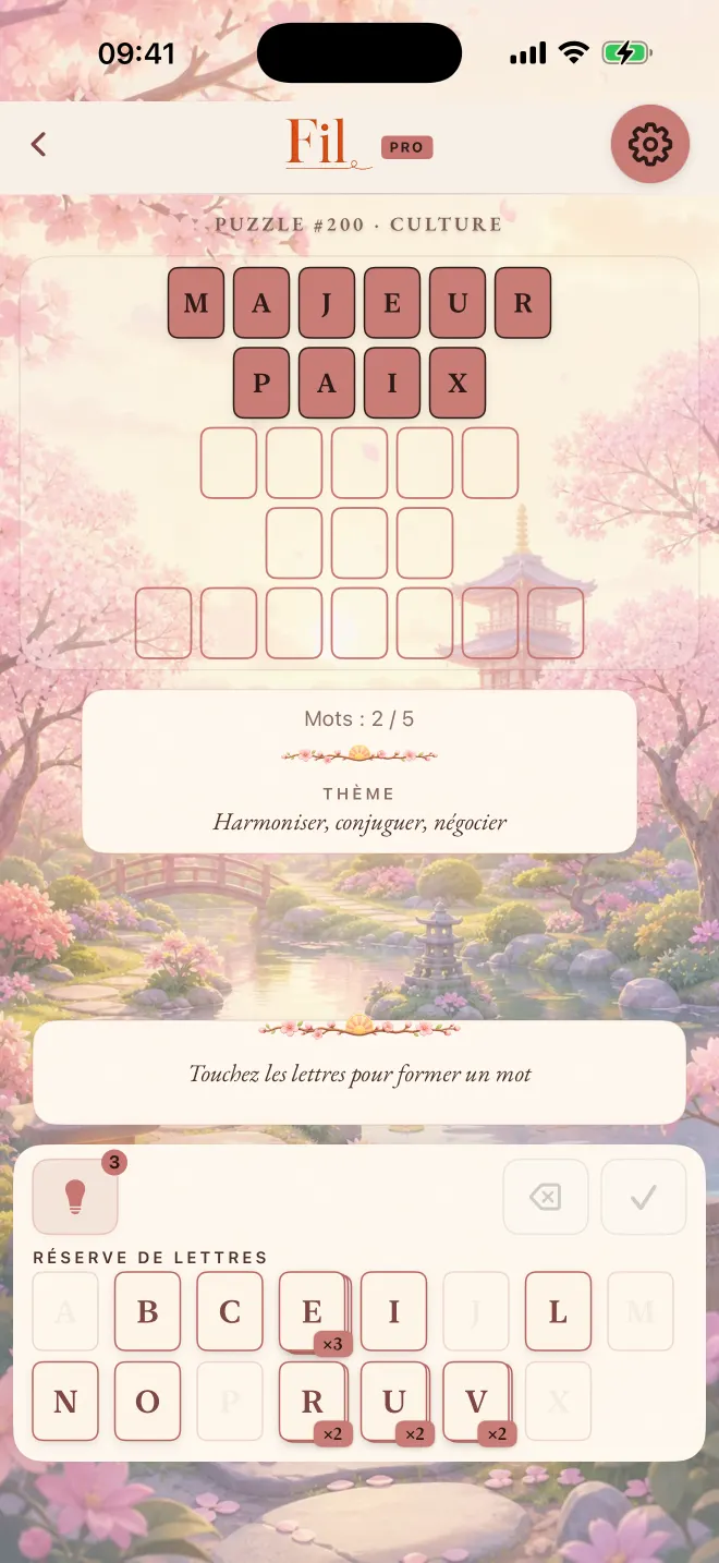 Partie de Fil avec deux mots trouvés sur cinq, thème: Sakura.