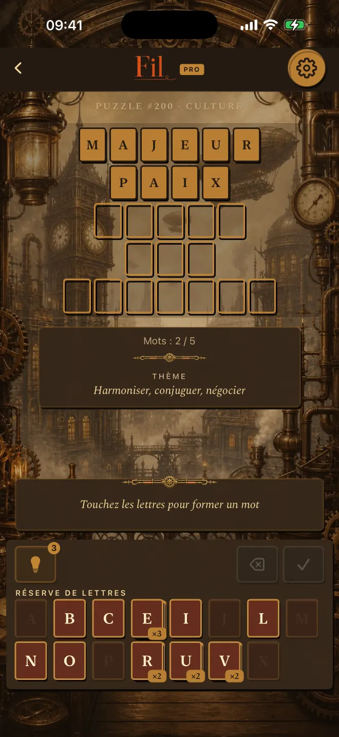 Partie de Fil avec deux mots trouvés sur cinq, thème: Steampunk.