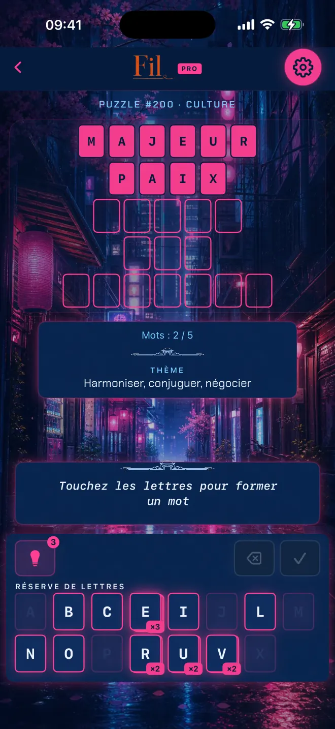 Partie de Fil avec deux mots trouvés sur cinq, thème: Tokyo néon.