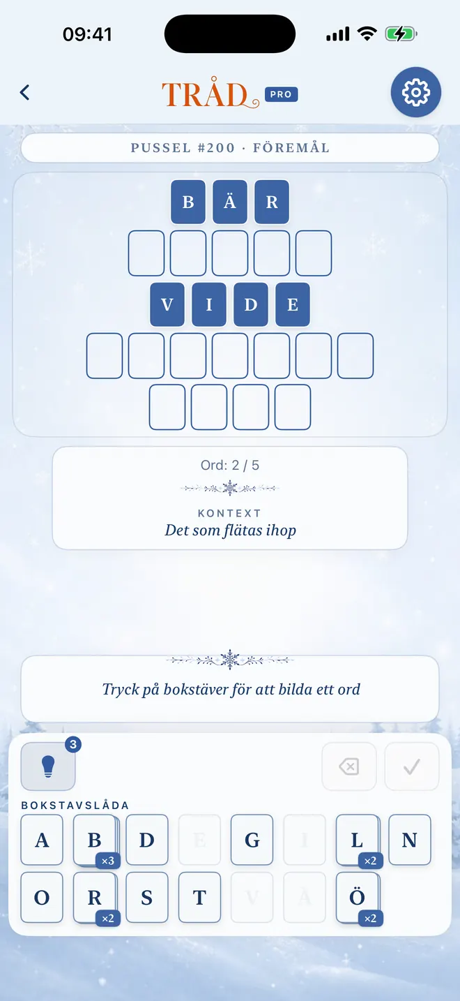 Parti av Tråd med två av fem ord lösta, tema: Vinter.