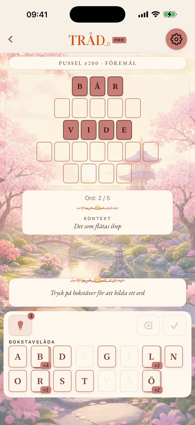 Parti av Tråd med två av fem ord lösta, tema: Sakura.