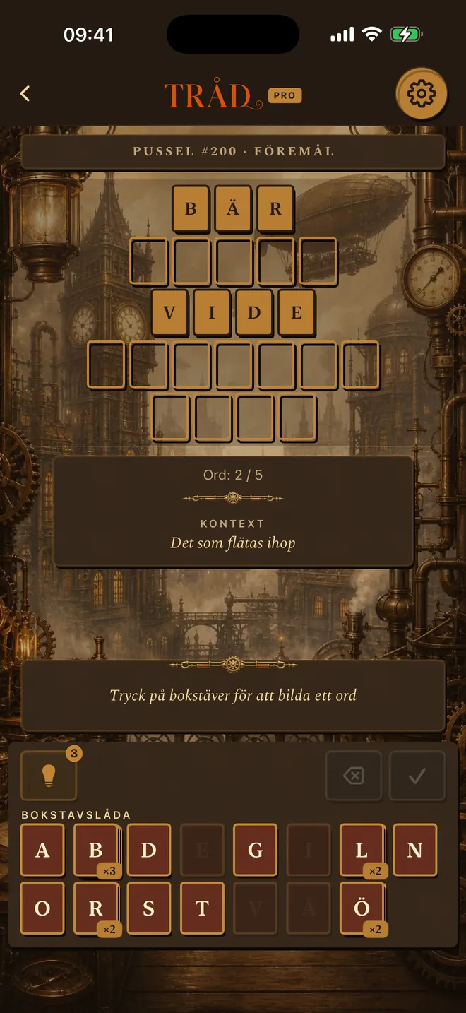 Parti av Tråd med två av fem ord lösta, tema: Steampunk.