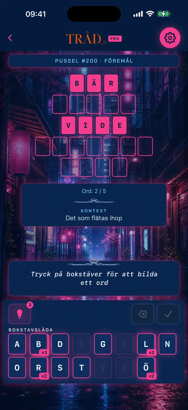 Parti av Tråd med två av fem ord lösta, tema: Neon Tokyo.